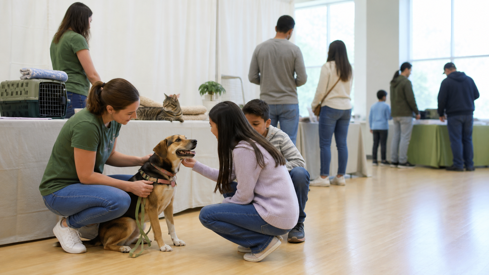 志工在認養活動中陪伴犬貓與參與家庭的現場照片